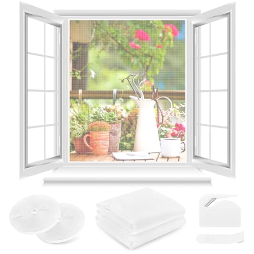 Fliegengitter Fenster ohne Bohren,DIY 210x250cm,2 Stück,Kann auf die Gewünschte Größe Zugeschnitten werden,Verdicktes Netz,Insektenschutz Fenster mit Klettband+Zuschneider+Presshilfe,Weiß