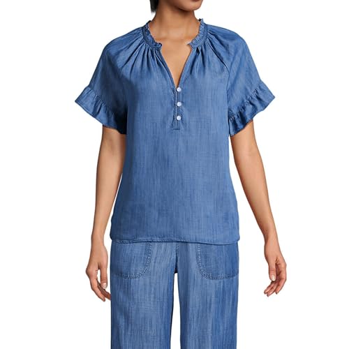 Womens Short Sleeve Ruffle Blouse V Neckline Ruffled Collar Shirt Casual Blue Top4