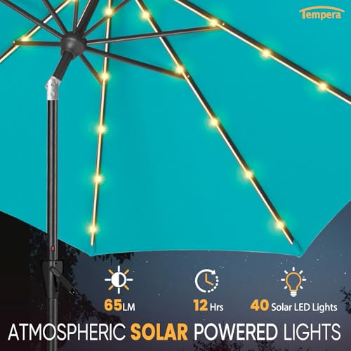 Image of Tempera Patio LED Umbrella with Light | Solar Outdoor Umbrella | Market Table Parasol with Push Button Tilt and Crank, with Sturdy Pole & Fade Resistant Canopy, Easy to Set