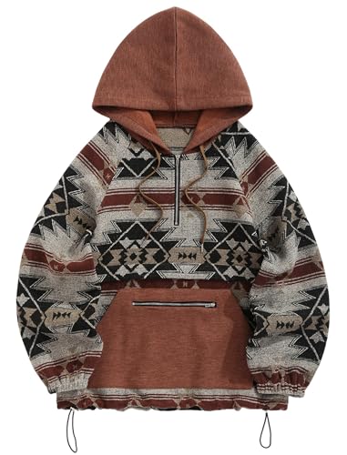 ZAFUL Men's Oversized Hoodie Quarter Zip Ethnic Aztec Print Loose Pullover Hooded Sweatshirt with Pocket