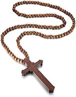 VNOX Wooden Large Long Crucifix Rosary Cross Smooth Beads Catholic Jesus Cross Pendant Necklace for Men Women