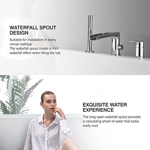 Taplong Waterfall Roman Tub Faucet With Hand Shower, Widespread Deck Mount Bathtub Faucet With Sprayer, Single-Handle 3-Holes Bathtub Shower Faucet Set In Chrome, 03119Ch #TOP5