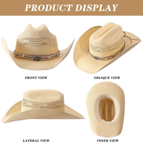 Image of Straw Cowboy Hat - Genuine Weaved Design with Elastic Sweatband and Adjustable Strap for Sun Protection