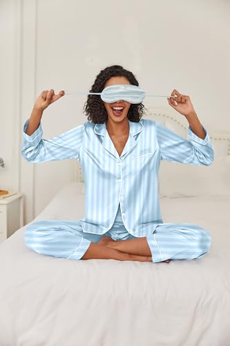 Image of Ekouaer Women's Classic Button Down Long Satin Silk Pajama Set