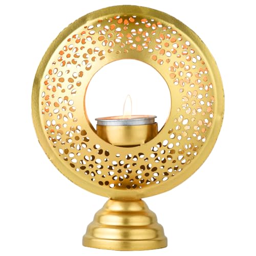 Marrakesch Orientalische Deko Aesthetic Teelichthalter aus Metall 16 cm groß | Windlicht Amif als Garten Wohnzimmer Tisch Deko | Exquisite Gold Windlichter Kerzenhalter für Teelichter