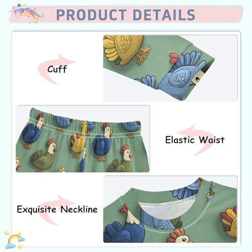 Pajama Sets Long Sleeve Colorful Roosters on Green Soft Comfy Sleepwear 2 Piece PJS 3-8T4