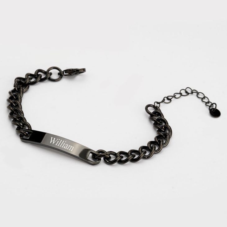 Custom Nameplate Bracelet Sterling Silver Personalized Black Name ID Numeral Bracelet Jewelry Gift for Men, Stainless Steel Curban Chain