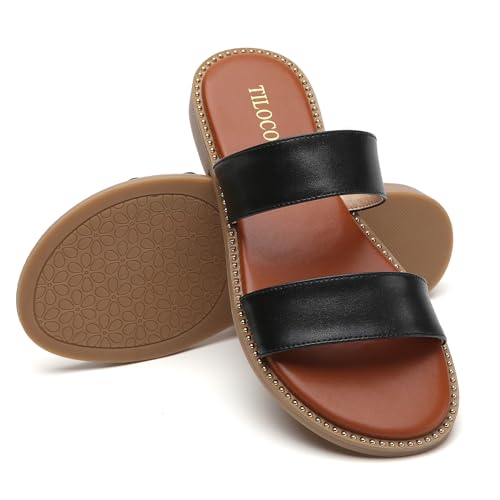 Image of Tilocow Women's Flat Sandals Two Strap Summer Dressy Studded Slide Sandals Open Toe Cute Casual Slip on Comfort Shoes for Beach Travel Daily Wear