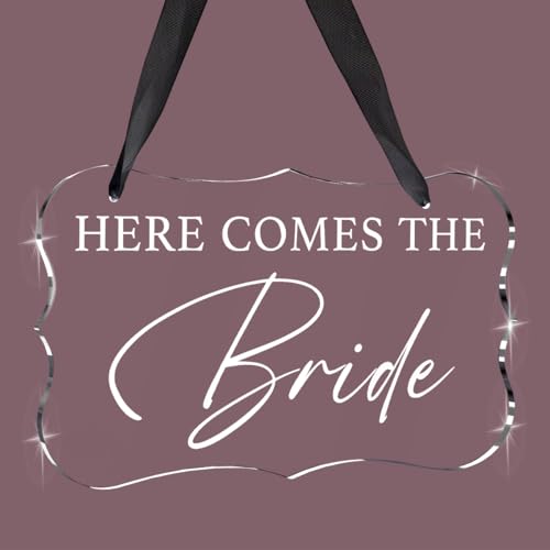 Wedding Acrylic Decor Sign Bridal Shower Decoration Here Comes The Bride Decorations Acrylic Seat Sign Hanging with Ribbon for Wedding Reception Ceremony Seating and Church Chair Decor (Clear)