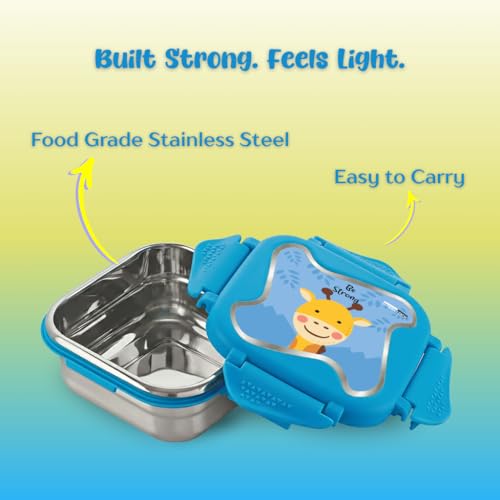 Image of STEELLOCK Smart Kids Stainless Steel Lunch Box, Leakproof & Airtight Tiffin Box for School Boys & Girls, BPA Free Food Grade with 4-Side Clip Lock | 360 ML | Blue, 3D /UV Print Giraffe