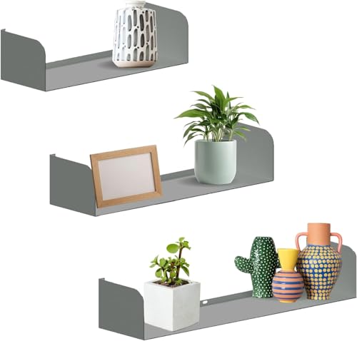 Flo.mar Estantes de Pared de 3 Piezas de 60, 50 y 40 cm - Estantes para Libros con Efecto desaparecido - Estante de Pared Resistencia + 15 kg - Estantes portaobjetos - Gris