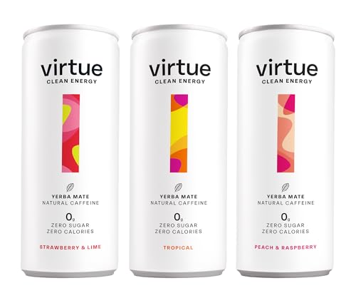 Virtue Clean Energy Mixed Pack - 12 x Yerba Mate Natural Energy Drinks - Sugar Free, Zero Calories, Vegan (12 x 250ml) [Strawberry & Lime, Tropical, Peach & Raspberry]