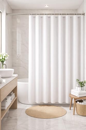 Bliss Casa White Stripe Shower Curtain for Bathroom(180x200 cm) Hotel Quality Fabric bath curtain Water-Repellent Machine Washable Durable & Easy to Install Included Hooks