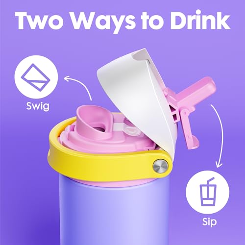Image of 18 oz Insulated Water Bottle for Travel: Meoky Stainless Steel Kids Water Bottle with 2-in-1 Straw and Spout Lid - Leak Proof, Fits in Car Cup Holder, BPA-Free for Gym School, Starry Lilac