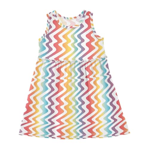 KLL Abstract Rainbow Stripes Girl Tank Dresses Swing Beach Sundress Spring Summer Round Neck