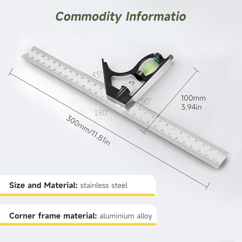 Set Square 300mm/12Inch - Stainless Steel Combination Square with Bubble Level - Adjustable 45°/90° Measuring Tool for Carpenter, Engineer, and Woodworking 2 Set Square 300mm/12Inch - Stainless Steel Combination Square with Bubble Level - Adjustable 45°/90° Measuring Tool for Carpenter, Engineer, and Woodworking - Image 2