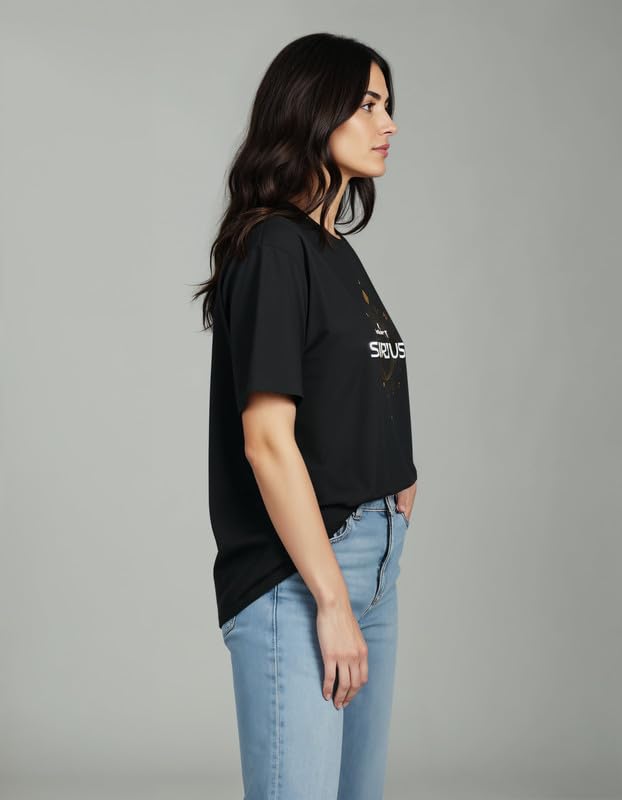 Image of Women's Loose Fit /Boyfriend Fit Graphic Printed Tshirt | 100% Super Combed Cotton | Oversized Fit | Black Round Neck T-Shirt