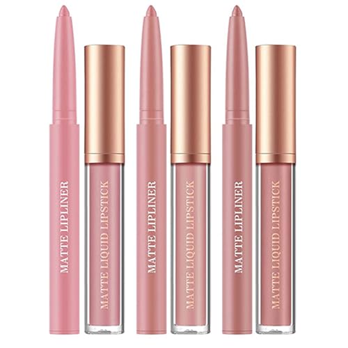6 Stück Matt Lippenstift & Lip Liner Set, Velvety Nude Lipstick,...