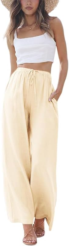 Linen Pants Women Summer Palazzo Pants Flowy Wide Leg Beach Trousers with Pockets