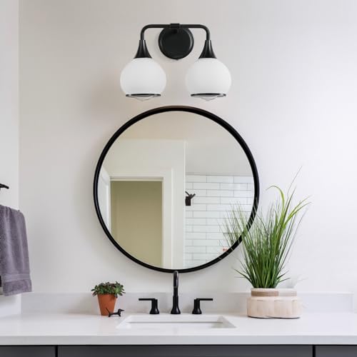 Image of Black Bathroom Light Fixtures 2 Lights Vanity Lights with Milky White Frosted Glass Shade Bathroom Vanity Light 14 inch Wall Sconce Lighting Bath(Exclude E26 Bulb)