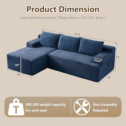 Image of 96.1 inch Modular Sectional Sofa Couches L-Shape Couch 3 Seat Modular Sofa Corduroy Memory Foam Sectional Boneless Couches for Living Room, Cloud Couch with Oversized Chaise(Blue, Left Facing)