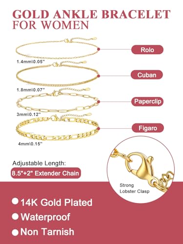 Image of FOCALOOK Anklet Bracelets Set for Women, 14K Gold Plated Waterproof Cuban Link Chain Layered Anklets Set for Plus Size Ankle 8-10.5 Inch Adjustable Summer Beach Jewelry Gift