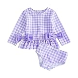 Multitrust Baby Girl Long Sleeve Swimsuit Ruffled Plaid Rash Guard Bikini Set Bathing Suit Toddler Girls Beach Swimwear Sunsuit (Purple, 2-3T)