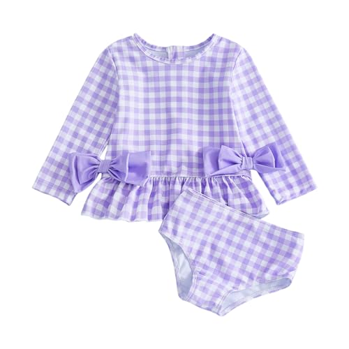 Multitrust Baby Girl Long Sleeve Swimsuit Ruffled Plaid Rash Guard Bikini Set Bathing Suit Toddler Girls Beach Swimwear Sunsuit (Purple, 2-3T)