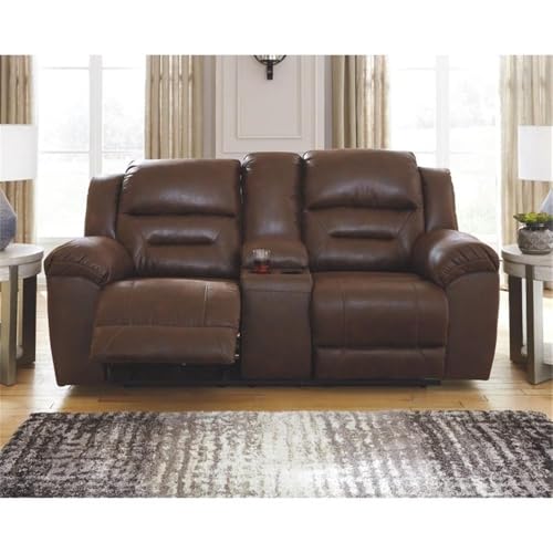 Image of Signature Design by Ashley Stoneland Faux Leather Power Double Reclining Loveseat with Center Console, Dark Brown