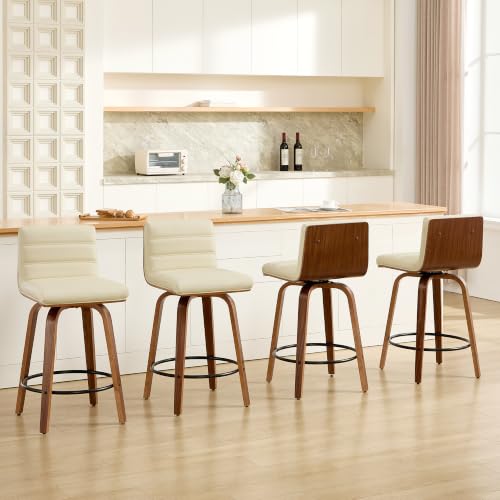 Image of Swivel Bar Stools Set of 4,26 inch Faux Leather Counter Height Barstools with Back,Mid Century Modern Upholstered Bar Chairs with Bentwood Legs Island Stools for Kitchen Counter Beige