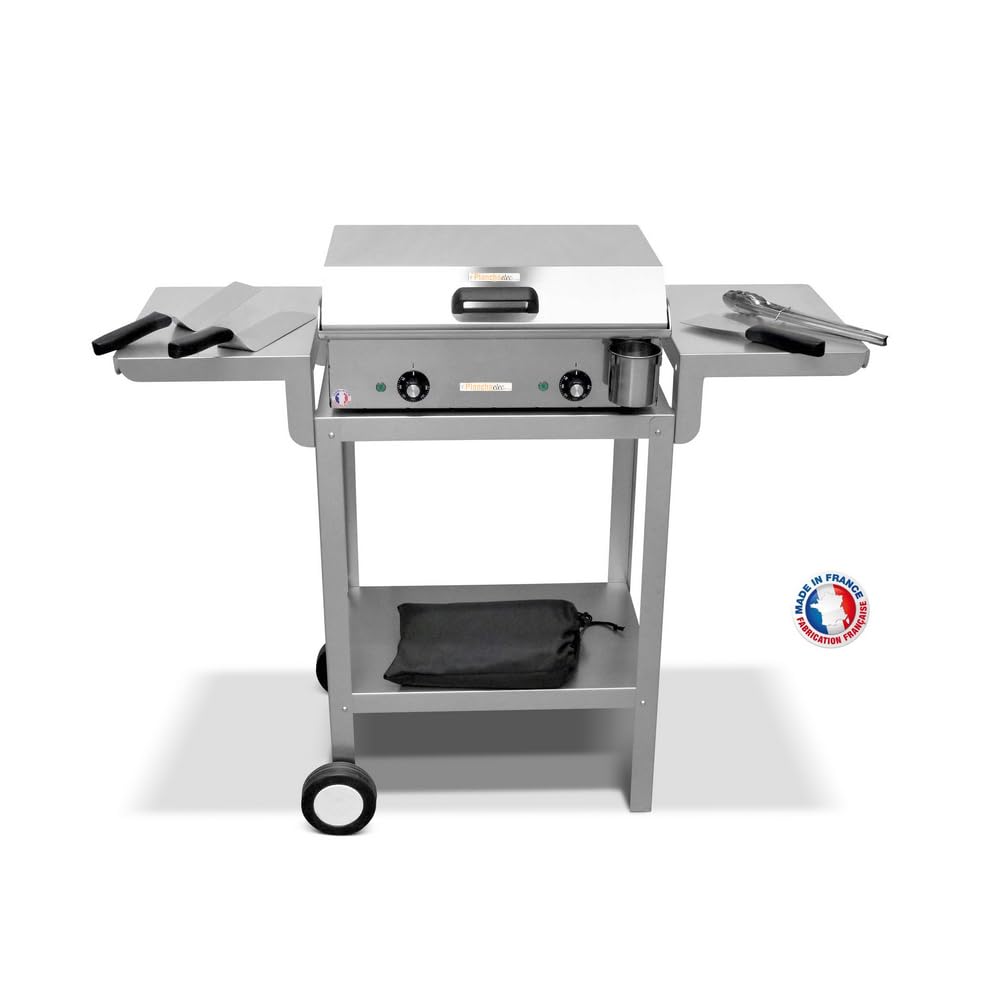 PLANCHAELEC - Pack Complet Plancha Electrique NEO E530-2400W - Chariot + Accessoires - Inox - Thermostat Réglable - 8 Personnes - Made In France - L53 X P43 X H18 cm