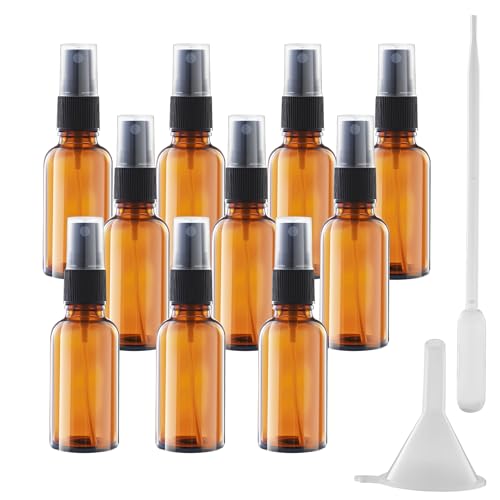 DUBUOZA 10Piezas Bote Spray Pulverizador Cristal Ambar,30 ml pulverizador cristal, con gotero y embudopara aceites esenciales, perfumes, masajes, cuidado del cabello y viajes