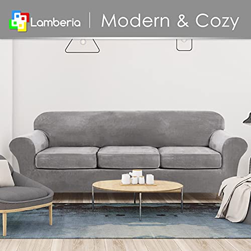 Lamberia High Stretch Sofa Cover For 3 Cushion Couch 4 Pieces Thick &Washable Plush Velvet Sofa Slipcover Couch Cover Furniture Protector For Dogs,Pets&Kids(Sofa-L,Silvergray) #TOP1