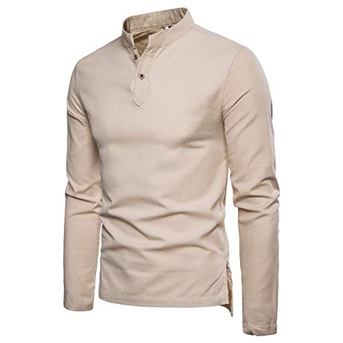 T-shirt en lin homme col tunisien beige Large à manches longues Henry