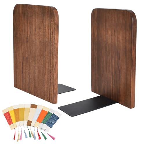 2 Piezas Sujetalibros Madera,Sujeta Libros,Sujetalibros De Nogal con Bases Metálicas,10 Marcapáginas,Soporte para Estantes,para Casa, Oficina Y Biblioteca,17 X 12 X 10,5 cm
