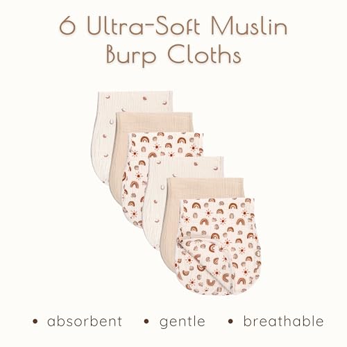 Muslin Burp Cloths Neutral, Cotton Burp Cloth, 6 Piece Absorbent Burping Cloths for Babies, Large Muslin Washcloths Baby, First Time Mom Essentials, OEKO TEX (Rainbow + Neutral BurpCloths)2