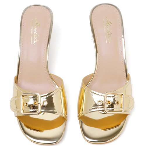 Image of Mostrin Kitten Heels for Women Summer Mules Heels Stiletto Heeled Sandals Slip On Backless Dressy Womens Sandals
