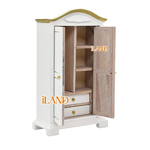 Iland Vintage Dollhouse Furniture 1/12 Scale, Brewster Dollhouse Bedroom Furniture Incl Dollhouse Bed & Mirror Full Length & Wardrobe & Bedside Table & Rocking Chair & Rug (White & Gold) #TOP6