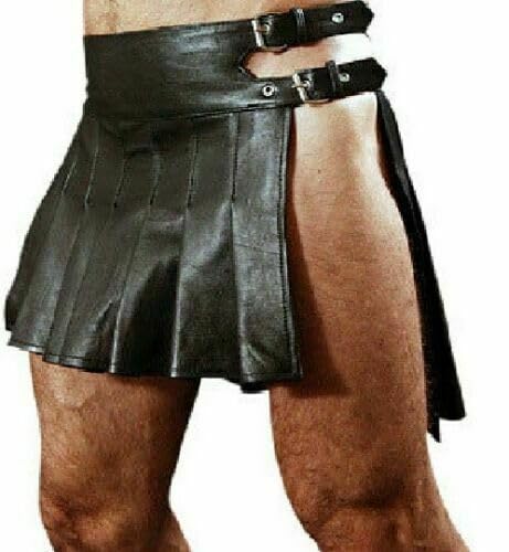 Mens Gladiator Real Black Leather Kilt Utility Sport Kilt Sexy Gay Clubwear LARP