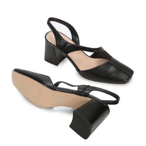 Women's Slingback Pump Shoes Block Heel Squared Toe Soft PU Leather Daily Dress Shoes3