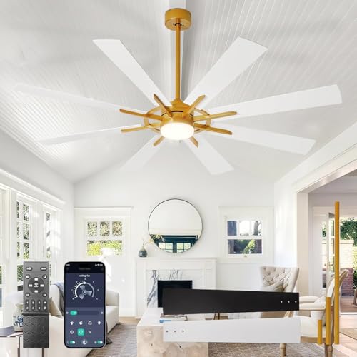 BvenuBigLite Large Ceiling Fans with Lights: Modern 66 Inch 8 Blade Outdoor Ceiling Fan with Remote APP Control - Dimmable White Gold Big Fan light Indoor Reversible 6 Speed Quiet DC Motor