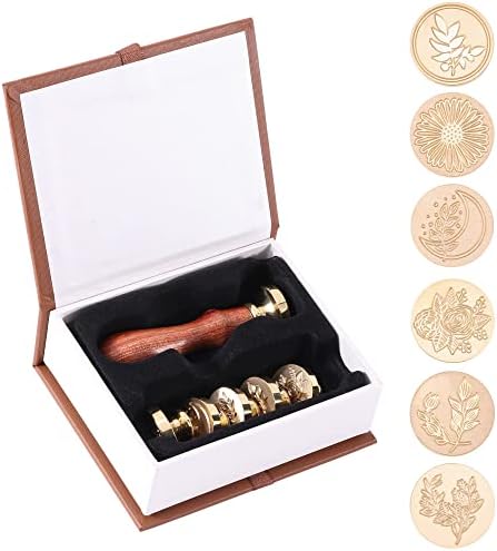 Mogokoyo Wax Seal Stamps 6Pcs Botanical Series Sealing Wax Stamp Brass Heads with Gift Box for Invitations Cards Envelopes Vintage Wax Sealing (Sunflower+Rose+Moon and Leaves+Eucalyptus+Flower+Leaf)