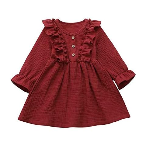 Liyamiee Toddler Baby Girl Outfit Ruffle Long Sleeve Tunic Dress Cotton Linen Solid Princess Party Tutu Dress Casual Playwear (Wine Red, 4-5 Years) Cover