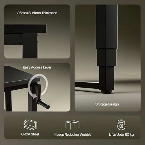 Image of Green Soul Rise (5 Ft) Manual Height Adjustable Table|25mm Thick One Piece Table Top|80 KG Load Capacity|Engineered for All Heights (3 Stage Design) 3 Year Warranty|Installation Provided (Black)