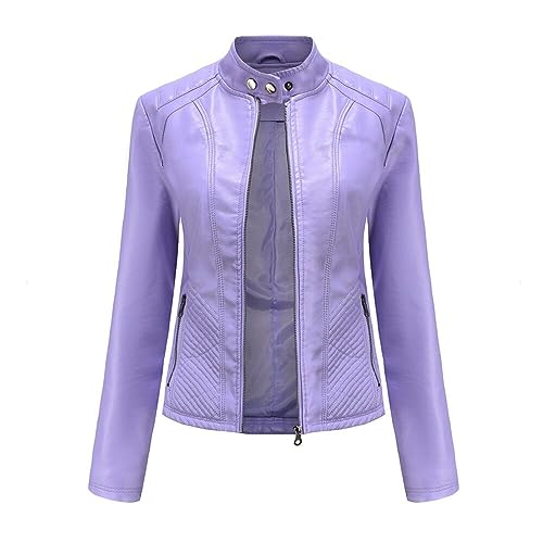 YFFUSHI Femme Veste en Simili Cuir Décontracté Style Motard PU Biker Blouson Cuir en Col Montant,Violet,L