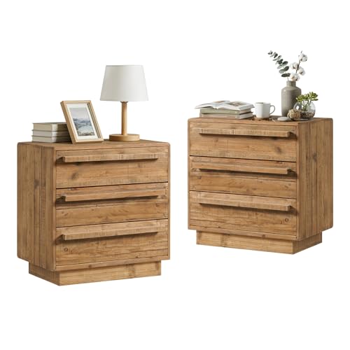HOKYHOKY Set of 2 Reclaimed Solid Wood Nightstand-24 Inches Large End Table with 3 Drawers, Pre-Assembled Farmhouse Bedside Tables for Living Room, Bedroom