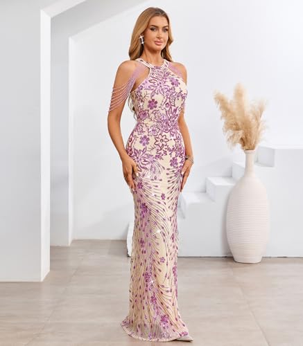 Image of Cololura Women Sexy Elegant Sequin Tassel Off Shoulder Halter Bodycon Maxi Dress Party Evening Gown Formal Dress