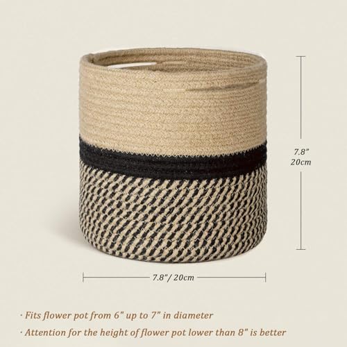 huipinghu 20cm Cotton Woven Plant Pot | Breathable Indoor Planter Basket for Potted Plants | Built-in Handles - 20x20cm for Boho Home Decor & Herbs (Black+Yellow)