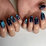 24 Pcs Medium Fake Nails Round Head Almond Press on Nails, Full Cover False Nails with Cat Eye Desig