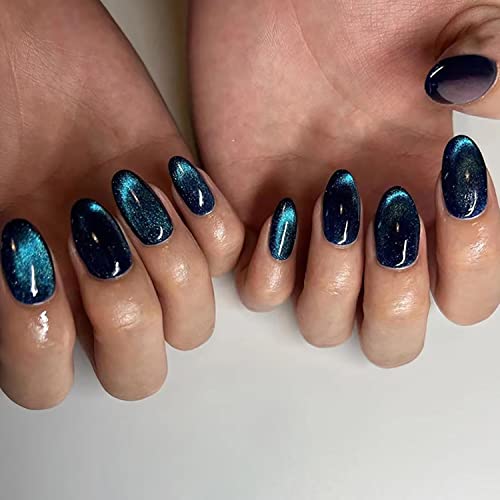 24 Pcs Medium Fake Nails Round Head Almond Press On Nails, Full Cover False Nails With Cat Eye Design Glossy Stick On Nails Black Acrylic Artificial Nails For Women Girls Nail Art Decorations #TOP14